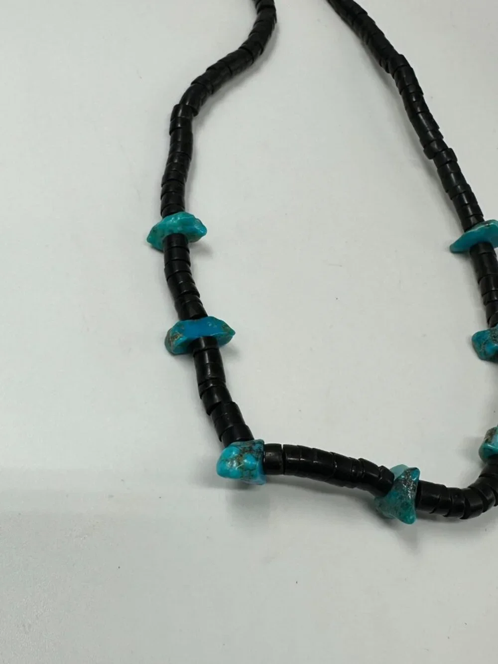 Vintage Turquoise Nugget Beaded Necklace Men Black Heishi Beads Barrel Clasp